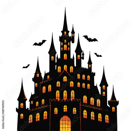 Spooky haunted castle silhouette with bats isolated on white background