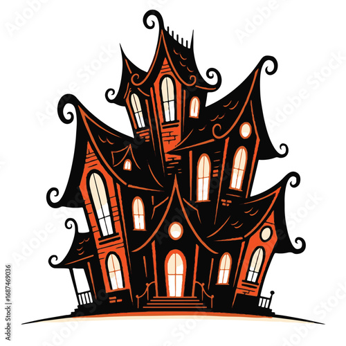 Cartoon haunted house with crooked architecture isolated on white background
