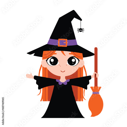 Cute cartoon witch with red hair and broom isolated on white background