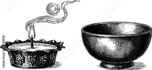 Vintage engraving of tea light candle and decorative bowl for retro design