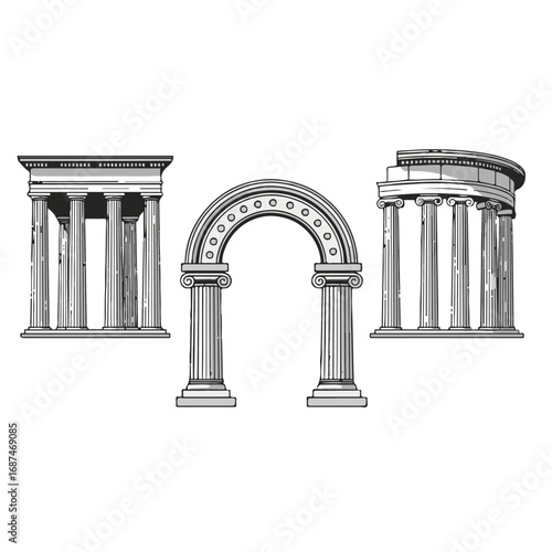 Collection of ancient greek architectural elements isolated on white background