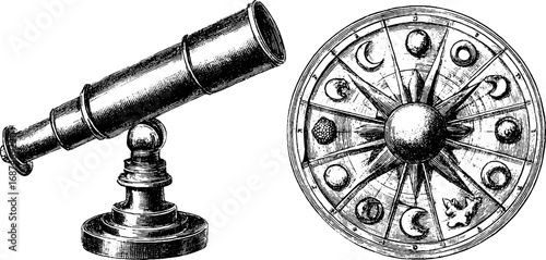 Vintage astronomical instruments sketch set for design and decor