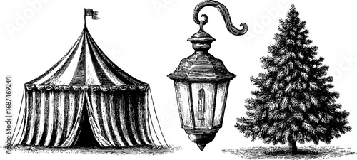 Vintage camping illustration set with tent, lantern, and tree - perfect for outdoor adventure designs