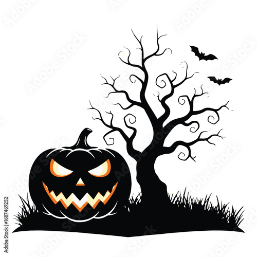 Scary jackolantern and spooky tree with bats on white background