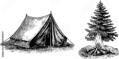 Vintage camping scene with tent and pine tree sketch for outdoor adventure designs