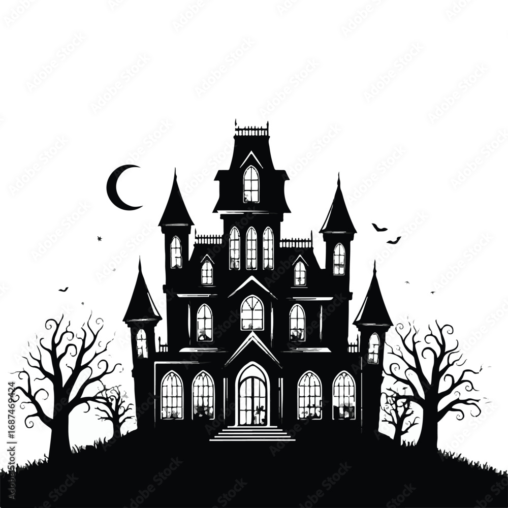Obraz premium Silhouette of a haunted mansion on a hill with a crescent moon