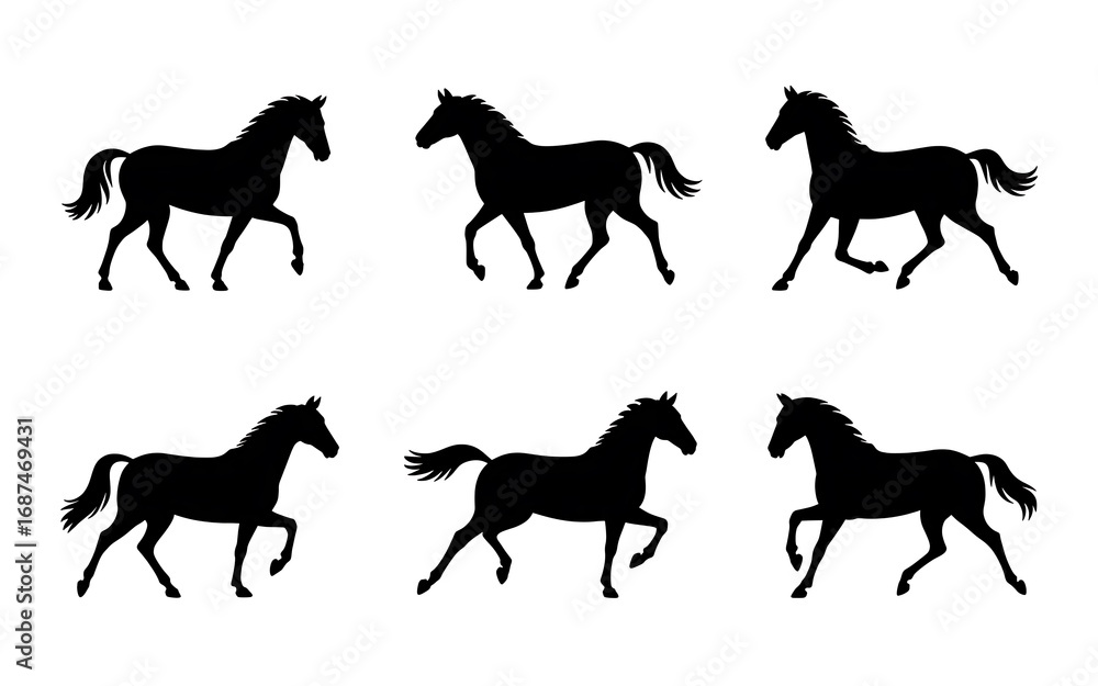 Obraz premium Six Black Horse Silhouettes in Motion on White Background Keywords: horse, silhouette, animal