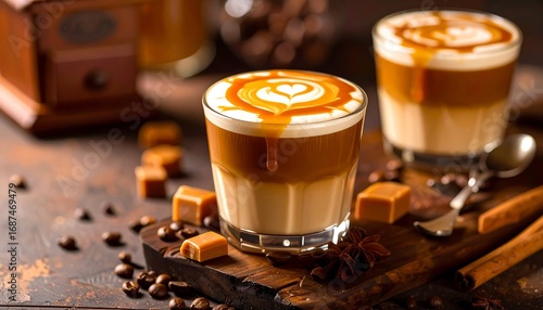 Two glasses of caramel macchiato with latte art