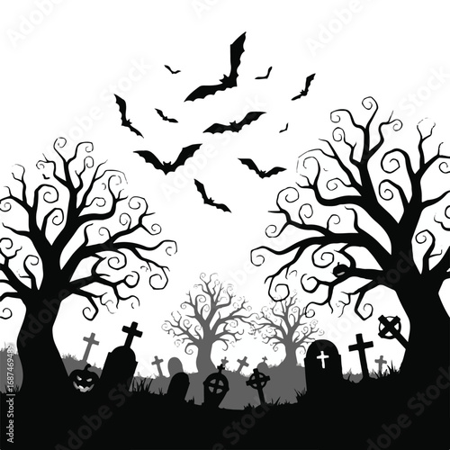 Halloween graveyard scene with bats flying over trees