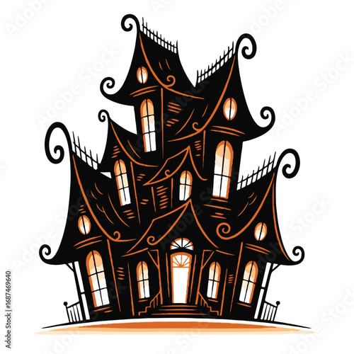 Whimsical haunted house with orange glow and curly details
