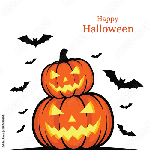Two stacked jackolanterns with bats and happy halloween text