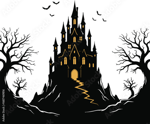 Haunted castle on a hill with bats and spooky trees