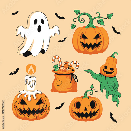 Collection of cute halloween characters and symbols on a light orange background