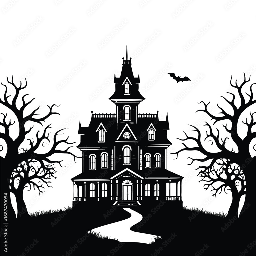 Obraz premium Silhouette of a large haunted mansion with bare trees and a bat