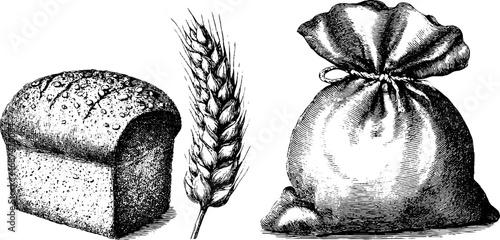 Engraved illustration set of wheat stalk, bread loaf, and grain sack for vintage design