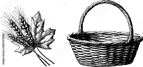 Engraved wicker basket and wheat with leaves illustration set for vintage design