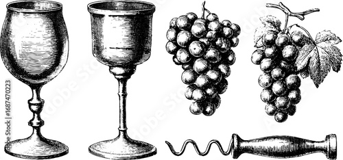 Vintage wine and grapes engraving set for design and decoration