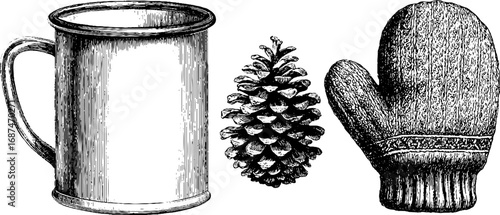 Cozy winter essentials: vintage engraved illustration of mug, pinecone, and wool mitten
