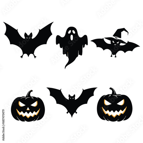 Halloween black silhouettes of bats, ghost, witch hat, and pumpkins isolated on white