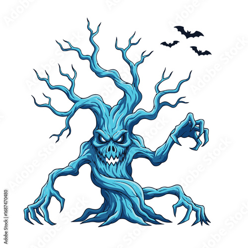 Scary blue monster tree with glowing eyes and bats isolated on white background