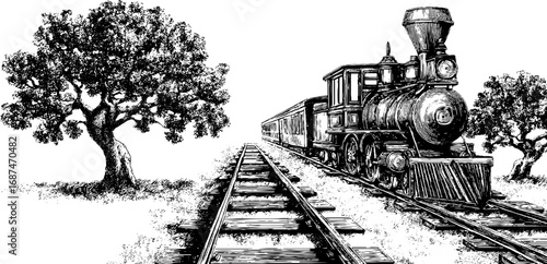Vintage engraving of wooden train and railway scene with trees for retro design projects
