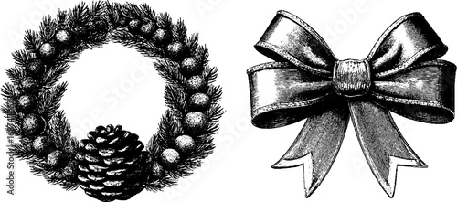 Engraved holiday wreath and pinecone illustration set for festive decor