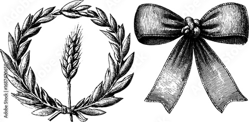 Vintage engraved illustration set featuring wreath and wheat with ribbon bow