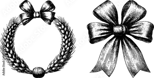 Vintage hand drawn engraving of wheat wreath and bow collection for decorative design