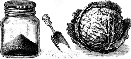 Fermentation and pickling concept: engraved illustration of jar, scoop, and cabbage for culinary design