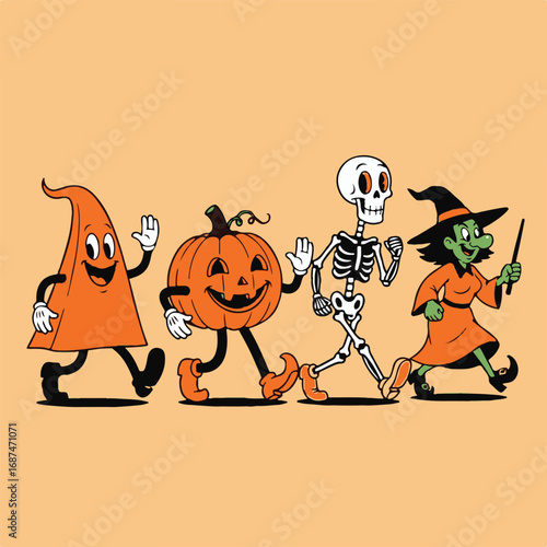 Halloween characters walking together, pumpkin, skeleton, witch