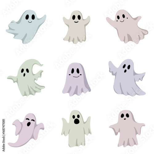 Cute multicolored ghosts flying Halloween concept. Haunted boo spooky demons set design isolated vector illustration