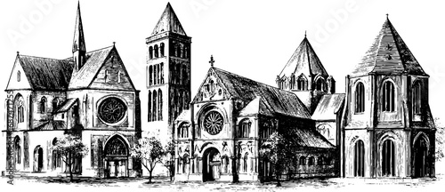 Gothic architecture hand-drawn engraving set for design and decor