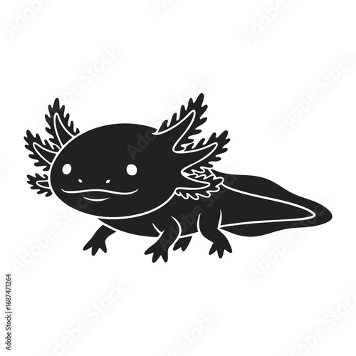 Cute axolotl with pink skin and feathery gills swimming in a playful underwater scene, flat vector illustration