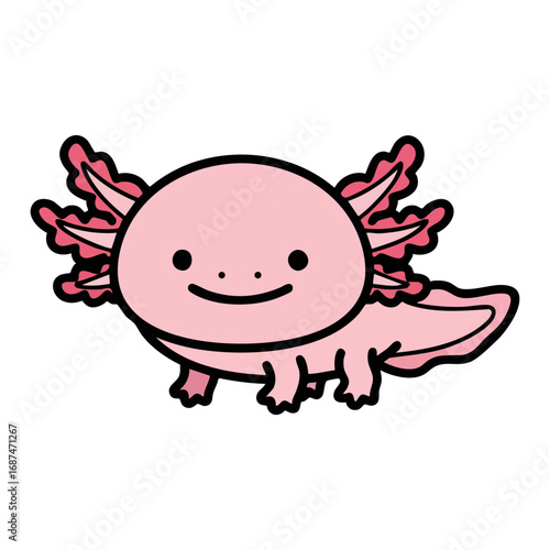 Cute axolotl with pink skin and feathery gills swimming in a playful underwater scene, flat vector illustration