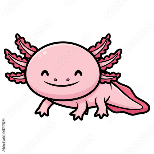 Cute axolotl with pink skin and feathery gills swimming in a playful underwater scene, flat vector illustration