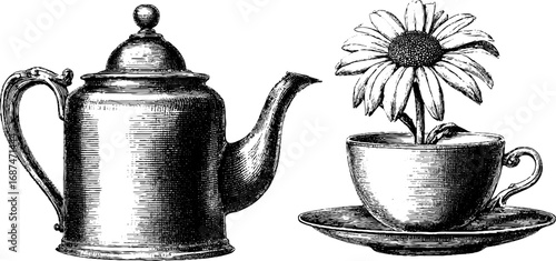Herbal tea and teapot engraved illustration set for vintage design