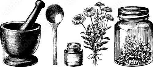 Herbalism collection of engraved tools and plants for traditional remedies