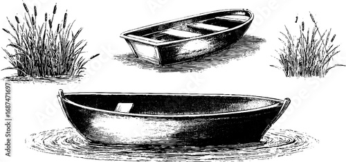 Vintage lake boat silhouette and reed engraving collection for design