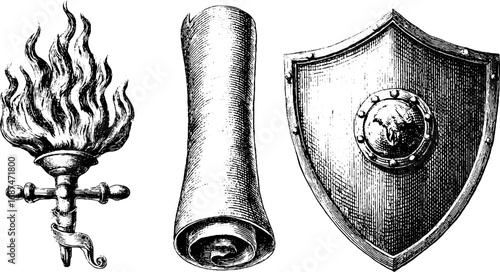 Medieval engraved illustration set of shield, torch, and scroll
