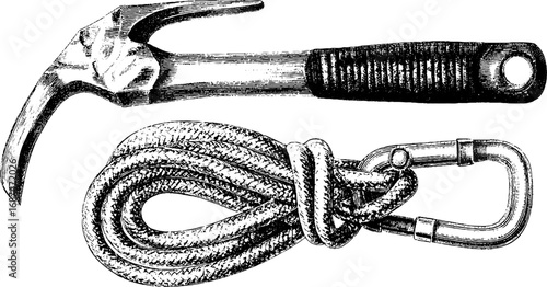 Mountaineering gear engraved illustration set featuring ice axe, rope, and carabiner for adventure enthusiasts