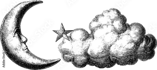 Vintage engraved illustration set of crescent moon and clouds for night sky art
