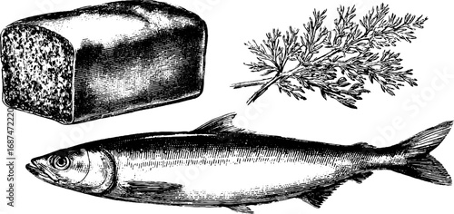Nordic cuisine engraved illustration set featuring rye bread, fish, and herb for culinary design