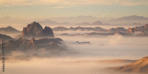 Majestic misty mountain peaks emerge from a sea of fog at sunrise