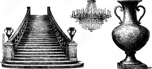 Grand palace interior elements: engraved illustration set featuring ornate stairs, chandelier, and vase