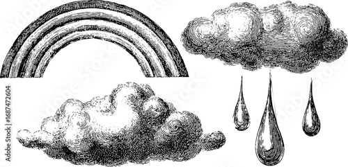 Vintage rainbow and cloud engraving set for design and decoration
