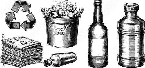 Vintage recycling concept engraving set: bottles, waste bin, and paper design for eco-friendly projects