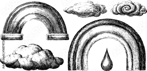 Vintage engraved rainbow and cloud collection - arch shapes and weather elements for creative design