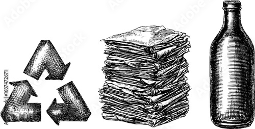Recycling symbols and objects engraving set for environmental awareness and sustainability design