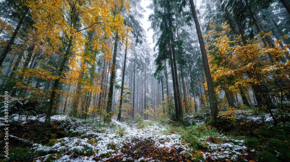 Fototapeta premium landscape of late autumnal forest with first snow beautiful virgin forest with first snow in poland no logos no brands ar 169