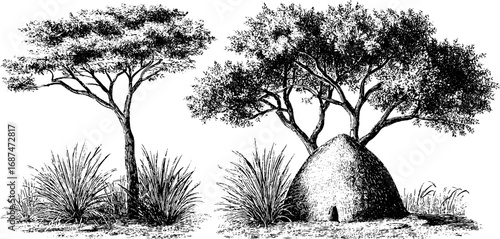 Savanna acacia tree engraving set with traditional termite mound for natural design
